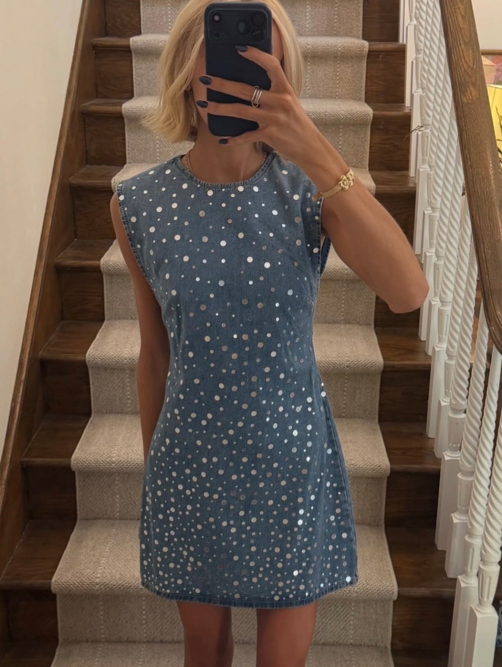 Zara Denim Mini Dress Blue Silver Stud Embellished Shift Dress Size M